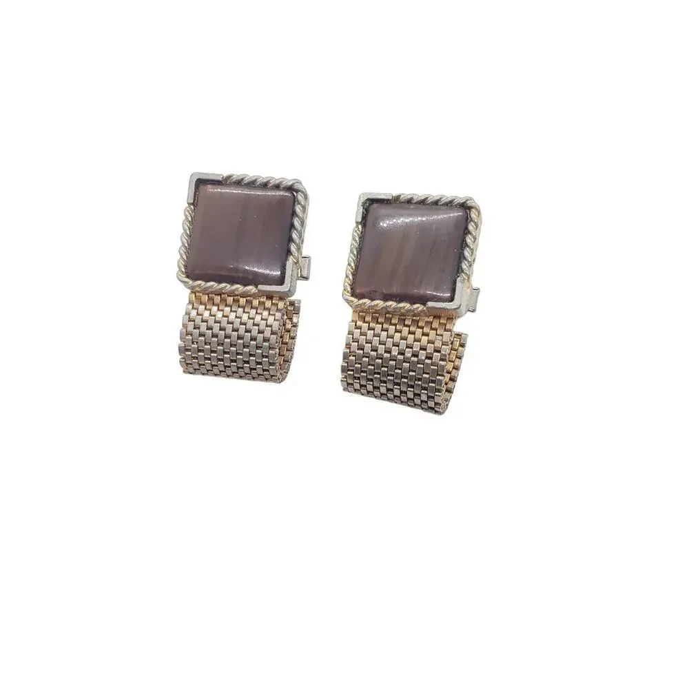 Vintage Cufflinks 1950 Mesh Wrap Gold Plated Lucite Faux Wood Tie Bar Cuff Links